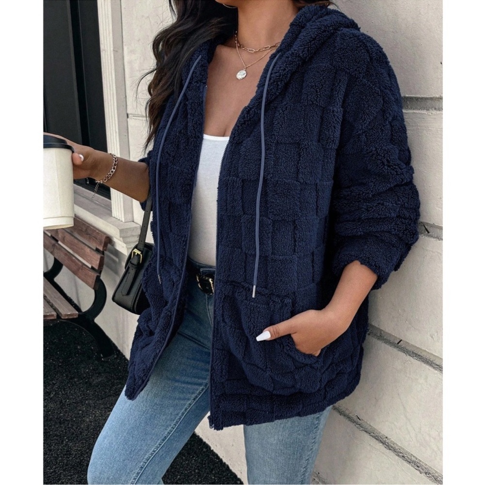 Plus Solid Navy Blue Checkered Zip Up Drawstring … - image 4